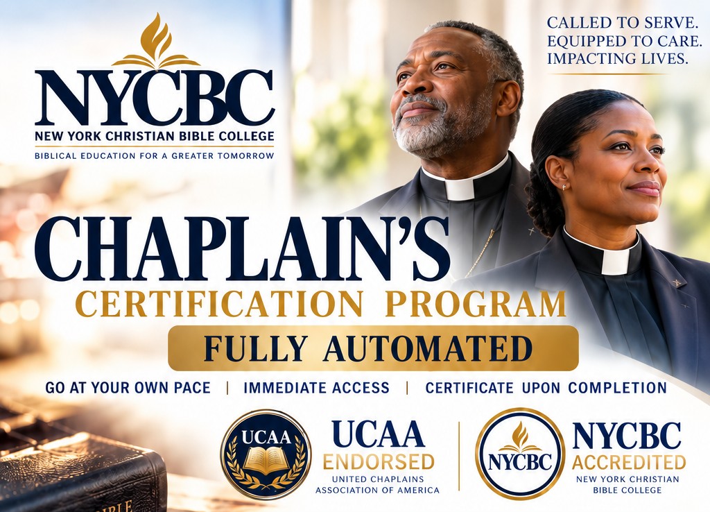 NYCBC Chaplain's Certification Program flyer: fully automated, go at your own pace, immediate access, certificate upon completion. UCAA endorsed and NYCBC accredited.
