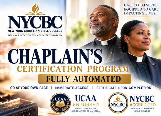 NYCBC Chaplain's Certification Program flyer: fully automated, go at your own pace, immediate access, certificate upon completion. UCAA endorsed and NYCBC accredited.