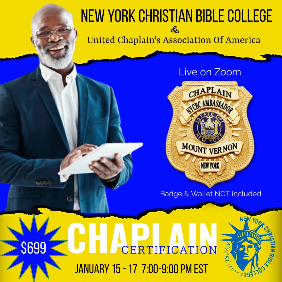 NYCBC Online Chaplain Certification Course flyer, live on Zoom, with chaplain badge