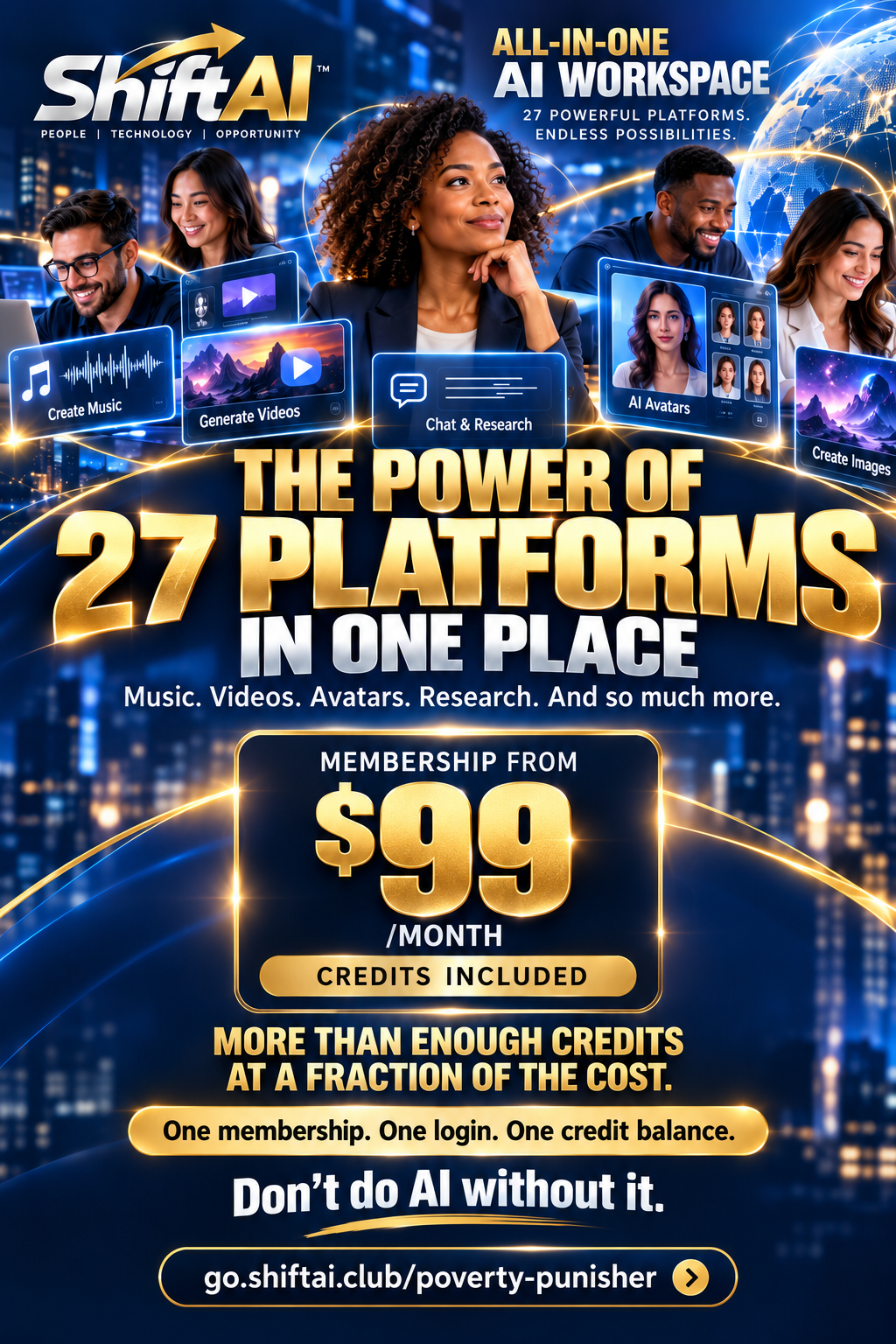 ShiftAI: the power of 27 AI platforms in one place. Membership from $99 a month, credits included.