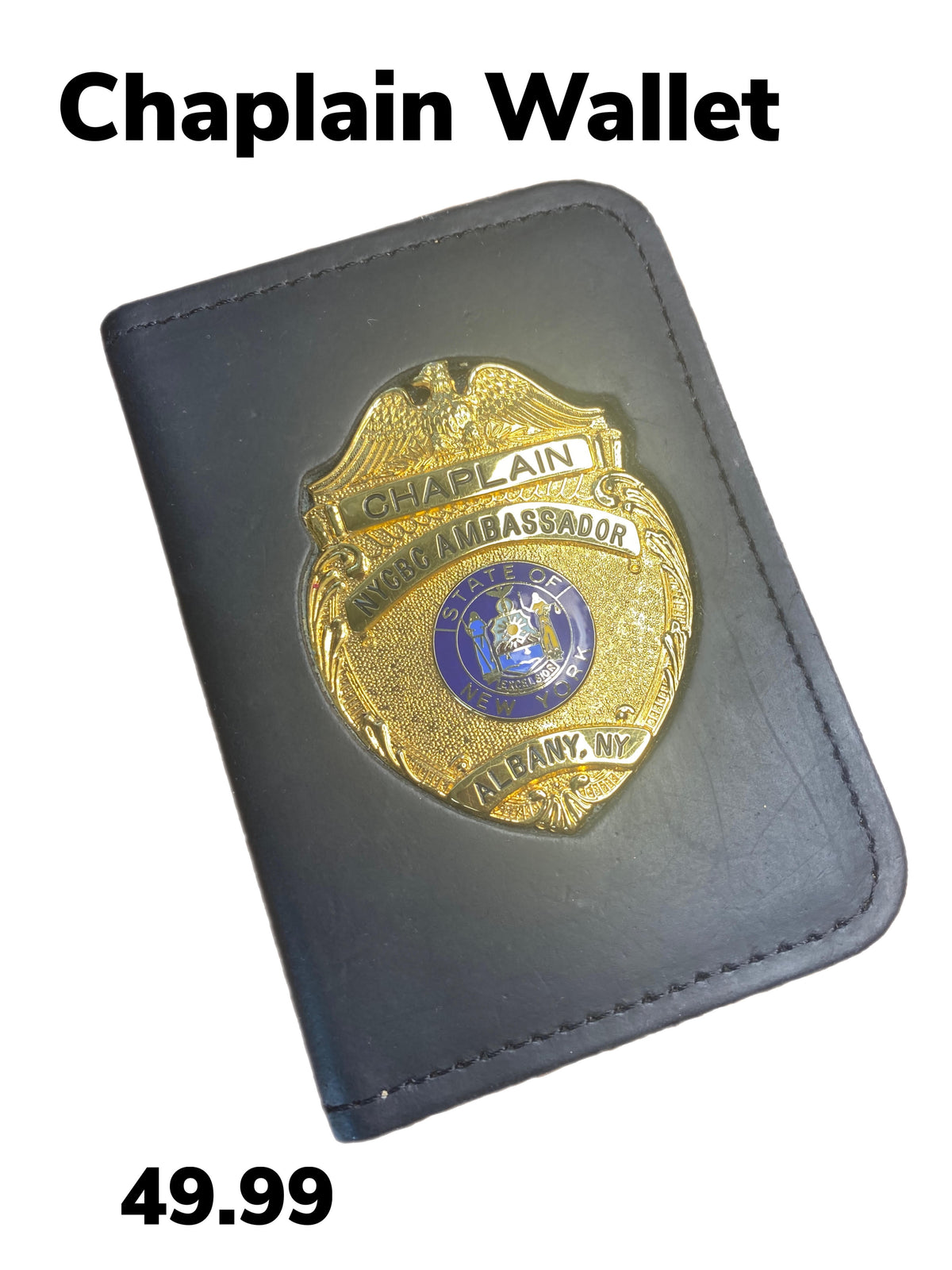 CW-100 black leather chaplain badge wallet with gold chaplain badge